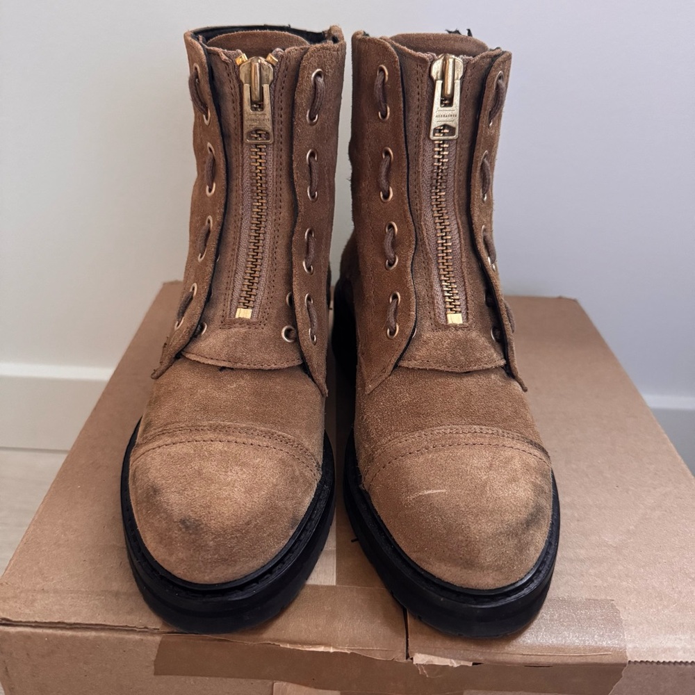 All Saints Tan/Cognac Suede Ariel Combat Boots with Gold Zipper